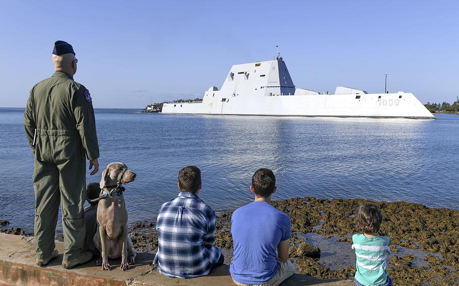 The guided-missile destroyer USS Zumwalt pulls into Joint Base Pearl Harbor-Hickam, Hawaii, April 2, 2019.