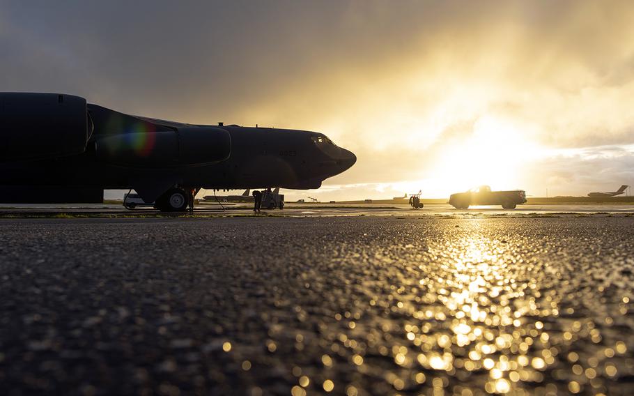 A B-52H Stratofortress from the 69th Expeditionary Bomb Squadron prepares to depart Andersen Air Force Base, Guam, Tuesday, Feb. 4, 2020.