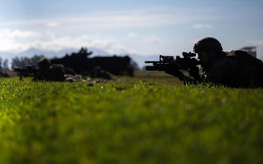 U.S. Marines with Kilo Company, 3rd Battalion, 6th Marine Regiment provide security during an amphibious landing drill in Zambales, Philippines, April 11, 2019, in support of the Balikatan exercise.