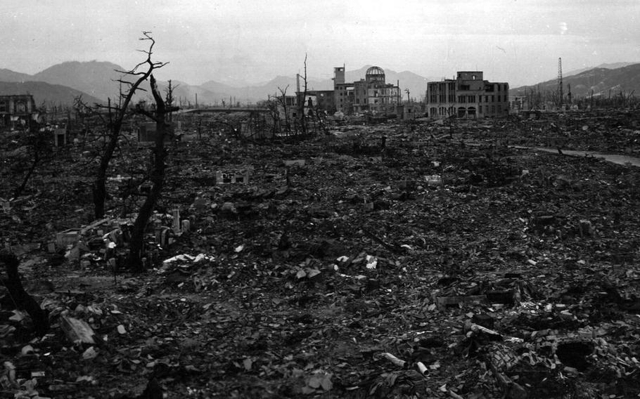 A photograph taken several months after the atomic bomb was dropped on Hiroshima, Japan, Aug. 6, 1945, shows the utter decimation of the city.