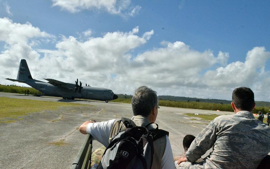 A C-130J Super Hercules lands on the island of Tinian during the Cope North exercise, Tuesday, Feb. 18, 2020.