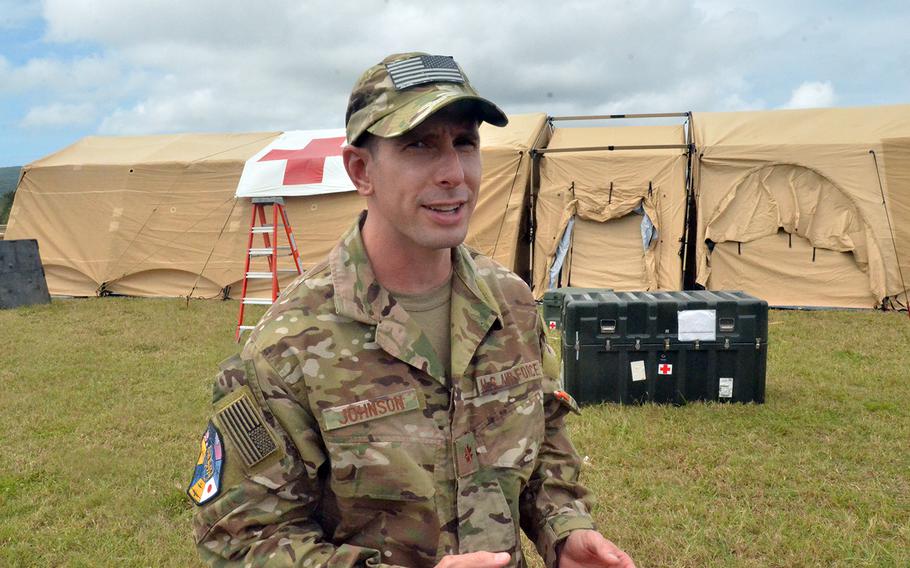 Air Force Maj. Brian Johnson, 35, a medical officer from Inman, S.C., speaks about leading a team of 40 troops who set up a four-bed field hospital during a Cope North drill on the island of Rota, Tuesday, Feb. 18, 2020.