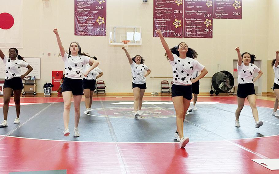 Daegu High School cheerleaders of South Korea practice for the Far East cheerleading tournament at Marine Corps Air Station Iwakuni, Japan, Thursday, Feb. 20, 2020. 