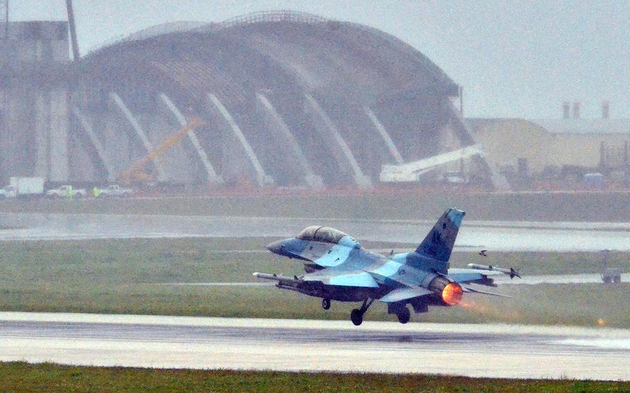 An F-16 Fighting Falcon from the Alaska-based 18th Aggressor Squadron takes off at Andersen Air Force Base, Guam, Feb. 19, 2020.