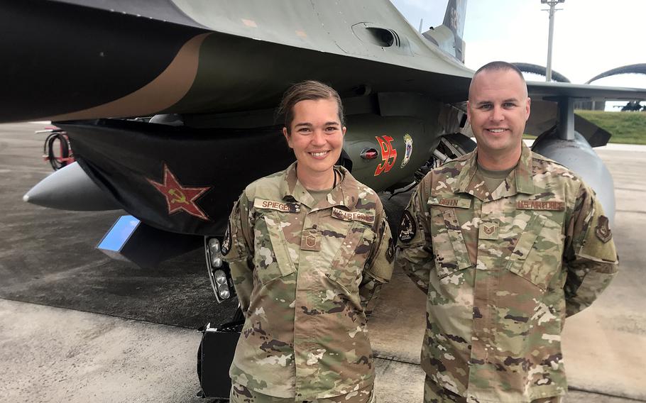 18th Aggressor Squadron maintainers Master Sgt. Stephanie Spiegel and Tech Sgt. John Green kept F-16 Fighting Falcons ready for action during Cope North drills at Andersen Air Force Base, Guam, Feb. 19, 2020.