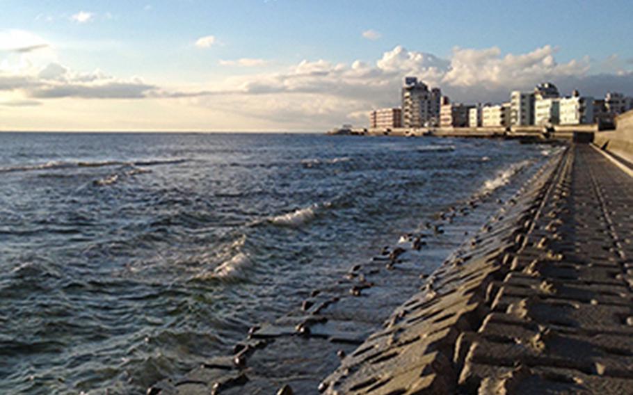 A stretch of the Okinawa seawall is seen in 2019 in Chatan, Okinawa.