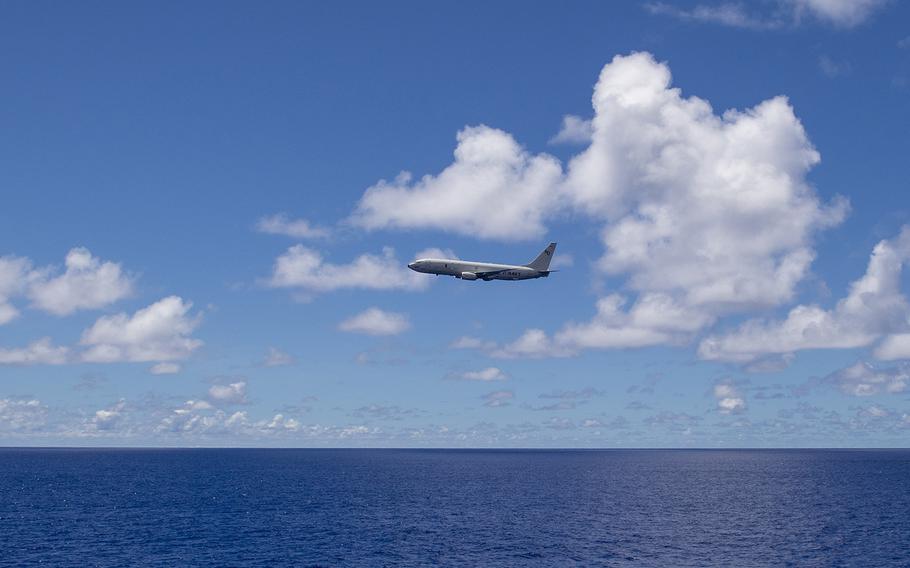 A Navy P-8A Poseidon flies near Guam during the Pacific Griffin exercise, Oct. 2, 2019.