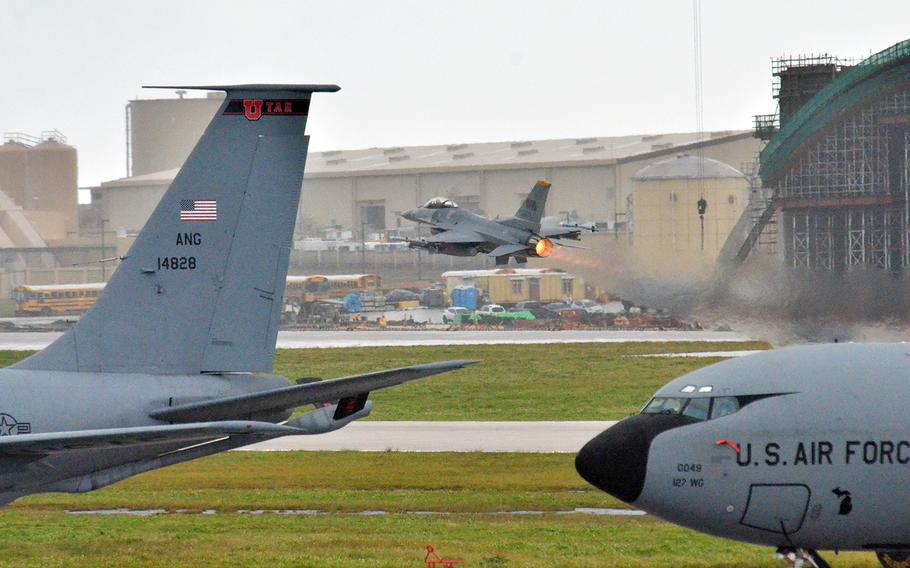 An Air Force F-16 fighter takes off from Andersen Air Force Base, Guam, during the Cope North exercise, Feb. 19, 2020.