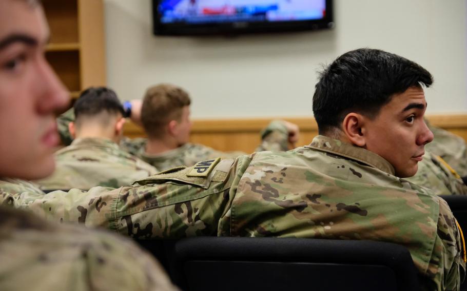 Soldiers new to South Korea wait at Camp Humphreys to depart for U.S Army Garrison Daegu, an area deeply affected by the COVID-19 outbreak, Tuesday, March 3, 2020.