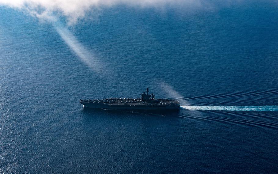 The aircraft carrier USS Theodore Roosevelt transits the Pacific Ocean on March 1, 2020.