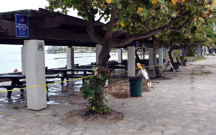 City-owned properties, such as this seaside pergola on Waikiki Beach, are off limits to the public during the current shelter-in-place order in Hawaii.
