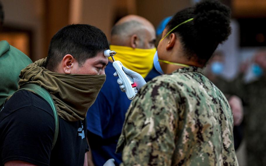 Sailors assigned to the aircraft carrier USS Theodore Roosevelt, which is docked at Naval Base Guam, are tested for coronavirus, April 7, 2020.