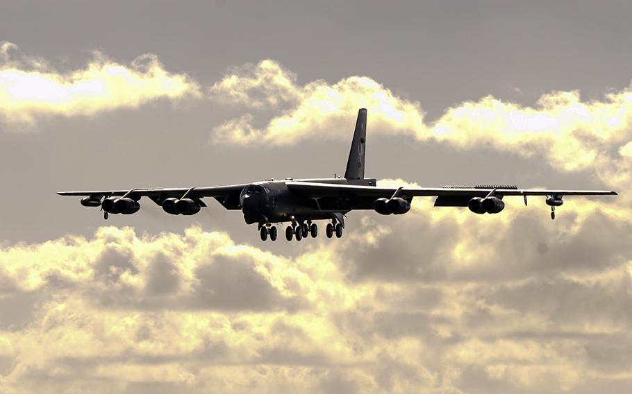 An Air Force B-52 Stratofortress bomber lands at Andersen Air Force Base, Guam, Jan. 16, 2018, in support of the continuous bomber presence mission.