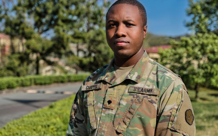 Spc. Deontae Chappel poses for a photo outside  Materiel Support Command-Korea headquarters at Camp Carroll, South Korea, Tuesday, April 21, 2020.