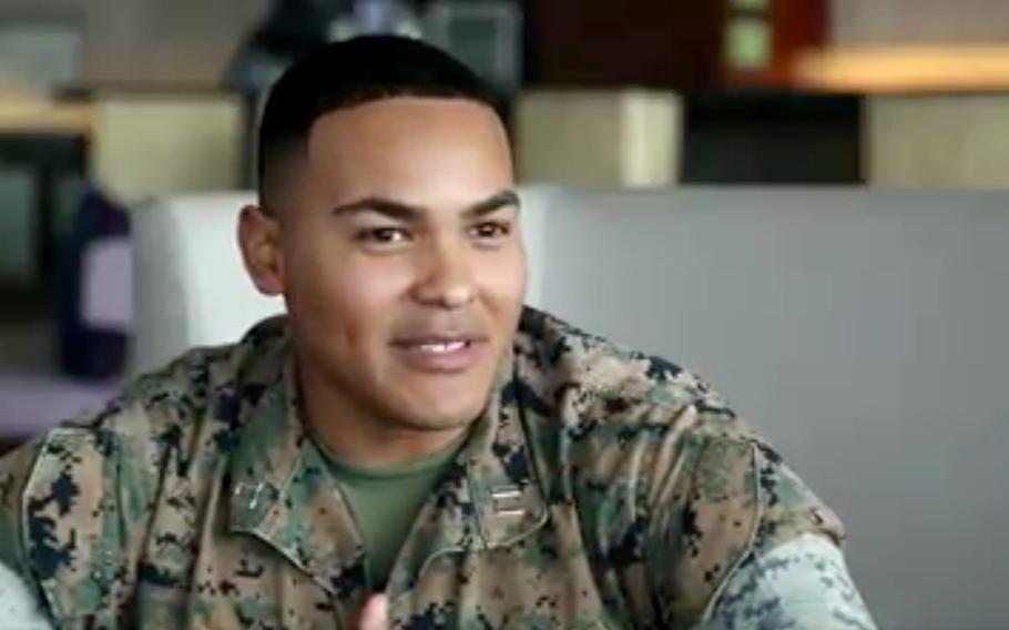 Marine Corps Capt. Vincente Huerta talks about the appreciation of USS Theodore Roosevelt sailors for what the Marines are doing for them on Guam, in a screen shot from a video.