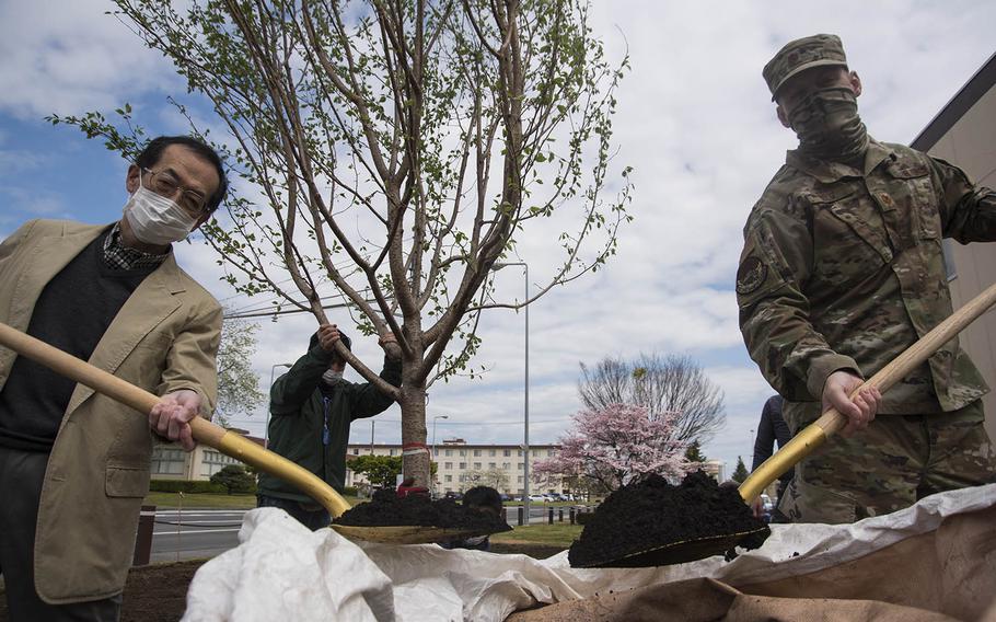 Yoshitaka Yamaguchi, left, the 374th Civil Engineer Squadron's cultural resource manager, and Maj. Trent Bolte, the squadron's operations flight commander, pose while planting a cherry tree at Yokota Air Base, Japan, Friday, April 24, 2020.