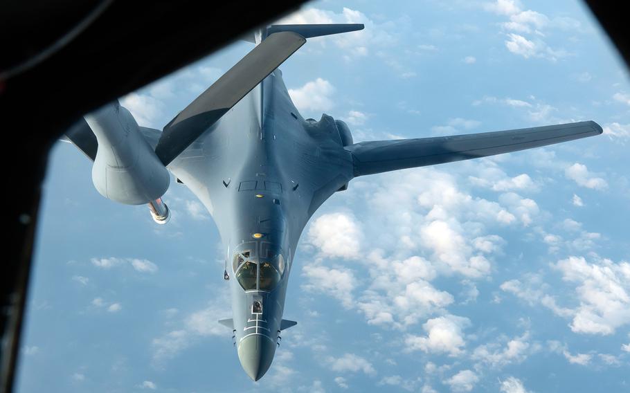 An Air Force B-1B Lancer from the 28th Bomb Wing at Ellsworth Air Force Base, S.D., prepares to refuel during a 34-hour round-trip sortie to the Indo-Pacific region, Thursday, April 30, 2020.