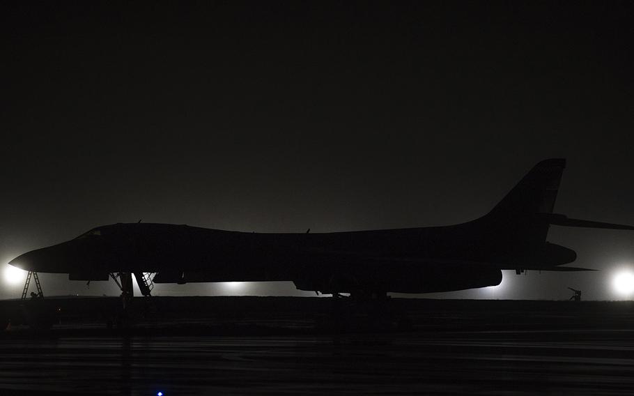 A B-1B Lancer bomber sits on the flight line at Andersen Air Force Base, Guam, Friday, May 1, 2020.