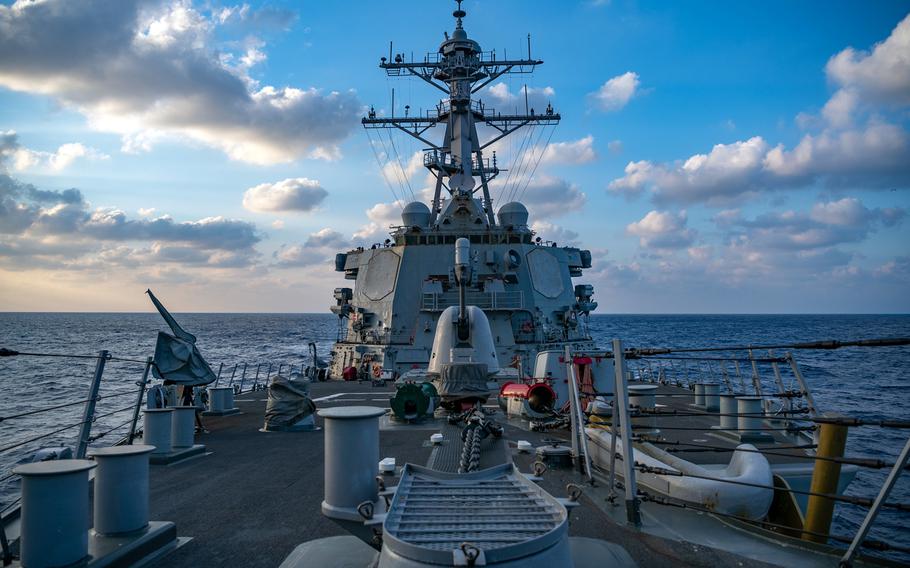 The guided-missile destroyer USS Barry sails near the Parcel Islands in the South China Sea, April 28, 2020.