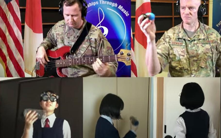 This YouTube screenshot shows members of the Air Force Band of the Pacific-Asia and Japanese high school students performing "Tank!," the theme song for the Japanese anime series "Cowboy Bebop."