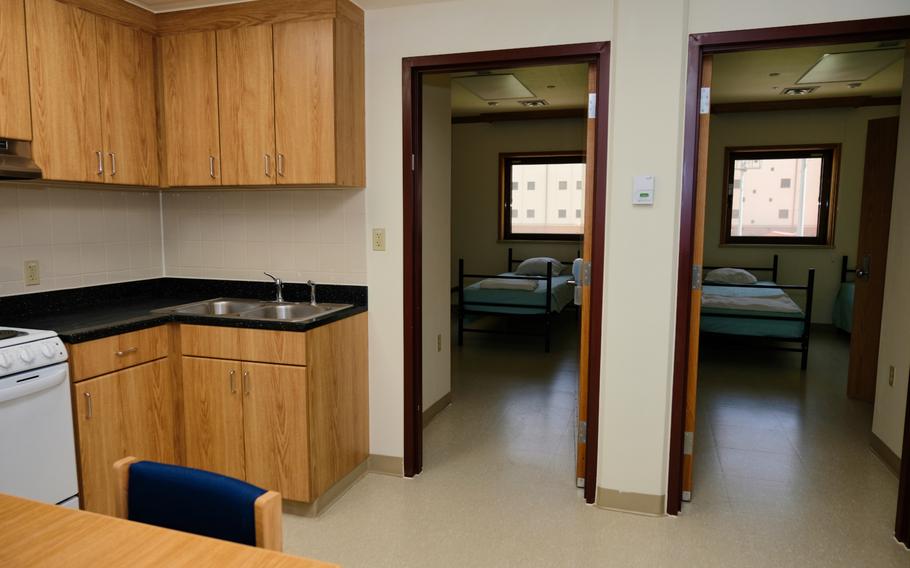 Newcomers must spend two weeks in rooms similar to this model room inside the isolation facility at Camp Humphreys, South Korea.