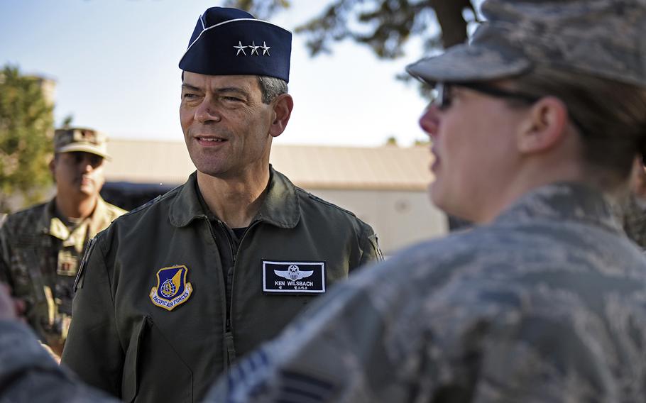 Air Force Lt. Gen. Ken Wilsbach speaks with airmen during a visit to Kunsan Air Base, South Korea, Nov. 7, 2019.