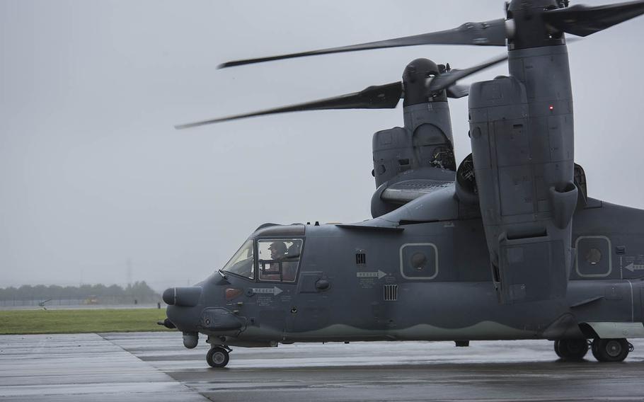 A CV-22 Osprey taxis during an elephant walk at Yokota Air Base, Japan, Thursday, May 21, 2020.