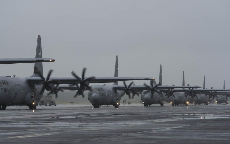 A group of C-130J Super Hercules cargo planes from the 374th Airlift Wing take part in an elephant walk at Yokota Air Base, Japan, Thursday, May 21, 2020.
