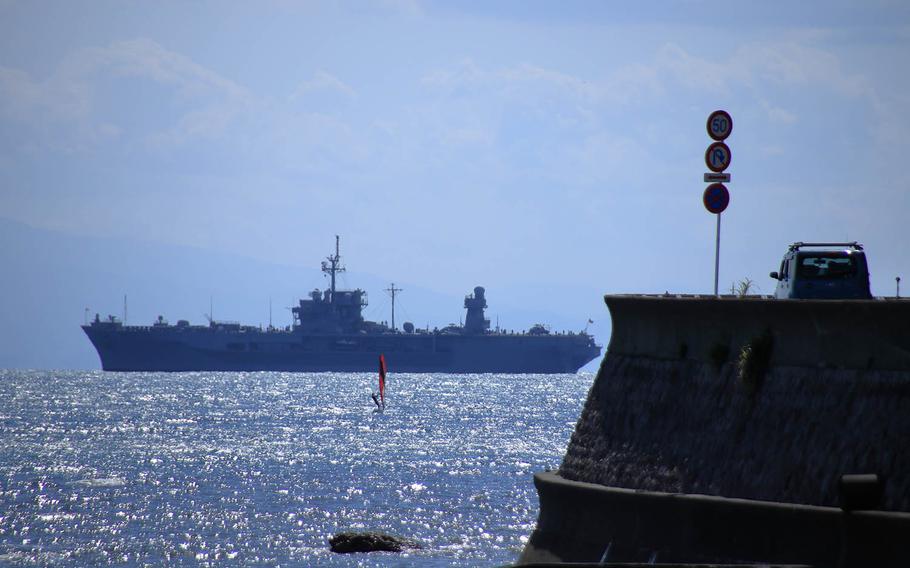 The USS Blue Ridge steams near Zushi Beach, Japan, April 23, 2020.