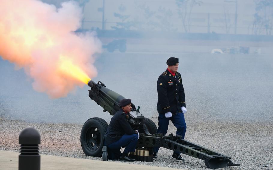 U.S. Forces Korea honors fallen troops with a 21-gun salute during a Memorial Day ceremony at Camp Humphreys, South Korea, Monday, May 25, 2020.