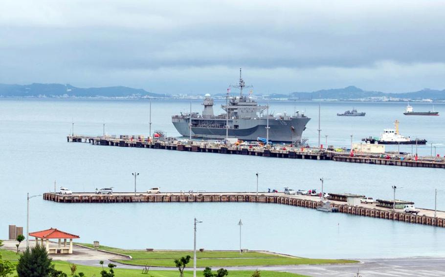 The U.S. 7th Fleet flagship USS Blue Ridge arrives at White Beach Naval Facility, Okinawa, Sunday, May 24, 2020.