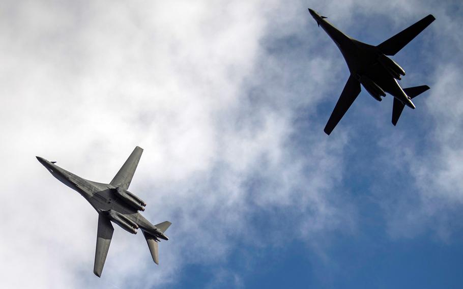 Two B-1B Lancer bombers from Dyess Air Force Base, Texas, head for the South China Sea on Tuesday, May 26, 2020.