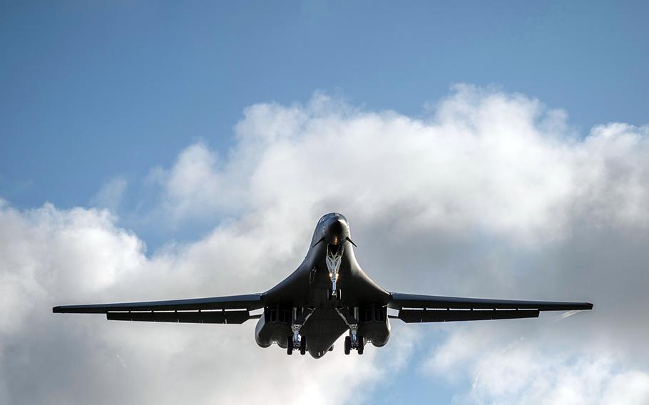 A B-1B Lancer from Dyess Air Force Base, Texas, heads for the South China Sea on Tuesday, May 26, 2020.