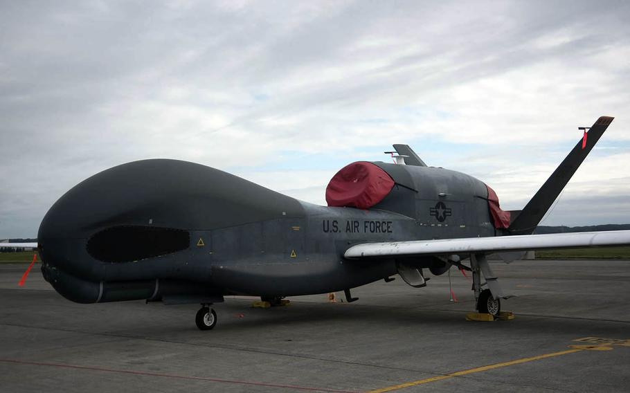 An RQ-4 Global Hawk is displayed at Yokota Air Base in western Tokyo, Sept. 14, 2019.