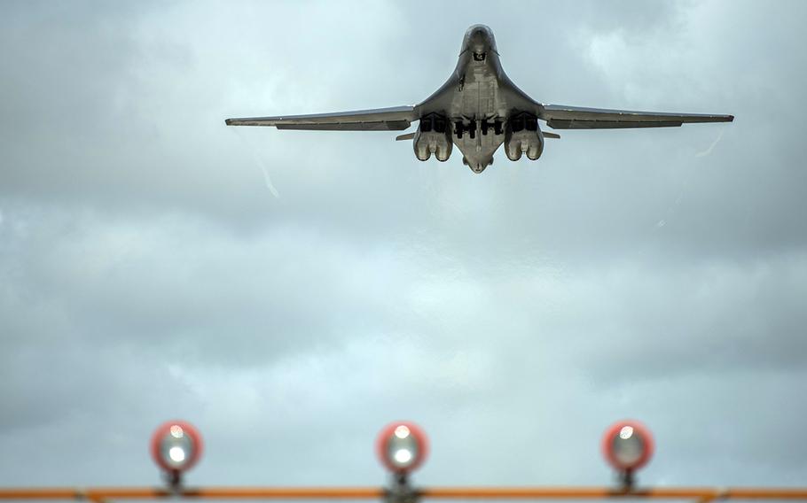 A B-1B Lancer assigned to the 9th Expeditionary Bomb Squadron takes off from Andersen Air Force Base, Guam, Wednesday, May 27, 2020.