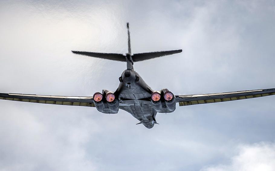 A B-1B Lancer assigned to the 9th Expeditionary Bomb Squadron takes off from Andersen Air Force Base, Guam, Wednesday, May 27, 2020.