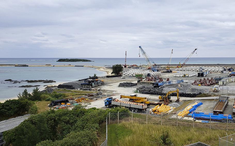 Landfill work for the construction of a Marine Corps runway at Camp Schwab, Okinawa, is seen in January 2020.