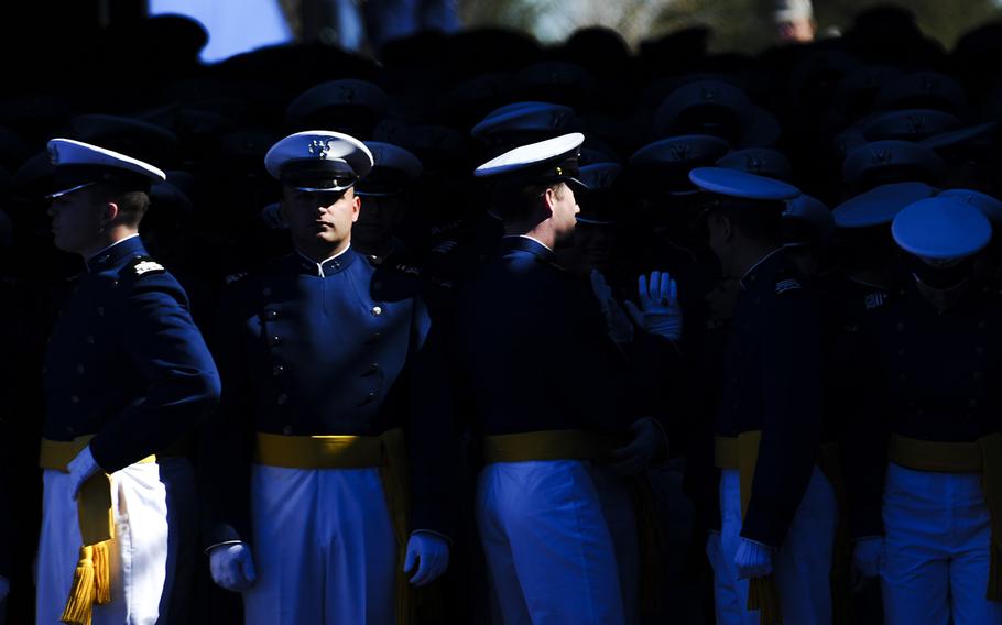 Air Force Academy cadets wait at the Falcon Station tunnel prior to their graduation ceremony in May 2017.