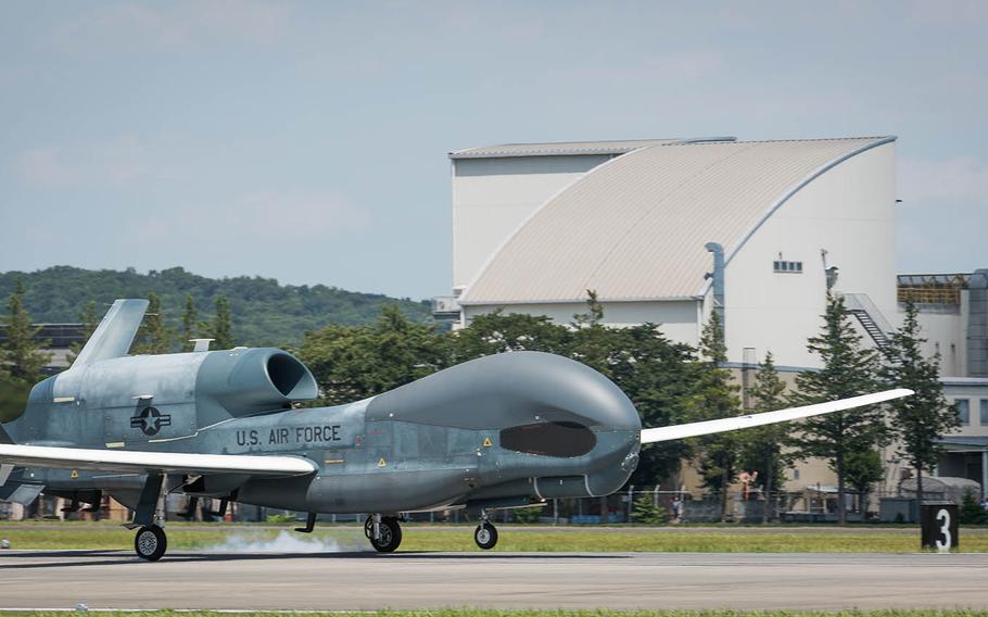 An RQ-4 Global Hawk from Andersen Air Force Base, Guam, arrives at Yokota Air Base in western Tokyo, Japan, on Saturday, May 30, 2020.