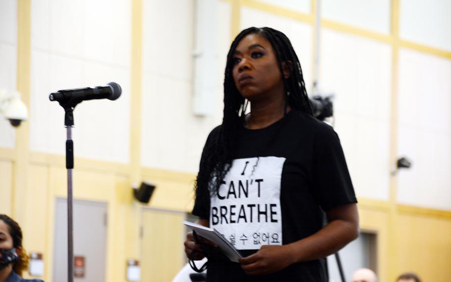 Sgt. Dasha Long, who is assigned to the Eighth Army's Medical Simulation Training Center, speaks during a "Stronger Together" forum hosted by U.S. Forces Korea at Camp Humphreys to address concerns about racism in the military, Sunday, June 7, 2020.