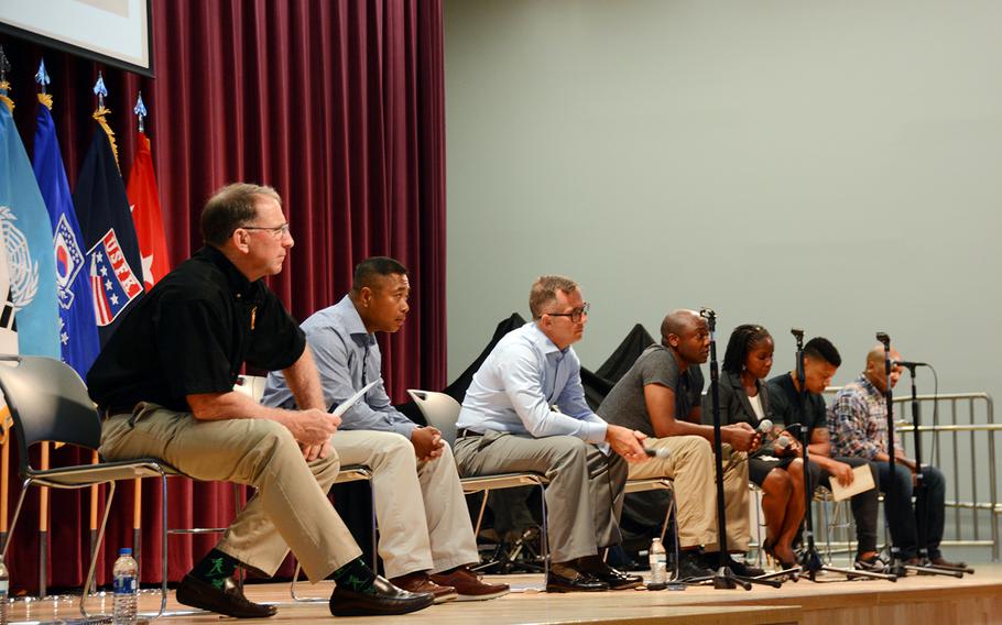 U.S. Forces Korea commander Gen. Robert Abrams, far left, leads a panel discussion dubbed "Stronger Together" at Camp Humphreys to address concerns about racism in the military, Sunday, June 7, 2020.