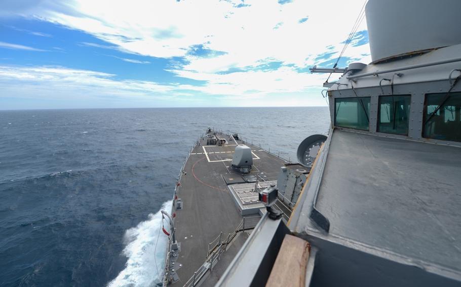 The guided-missile destroyer USS Russell transits the Taiwan Strait, Thursday, June 4, 2020.