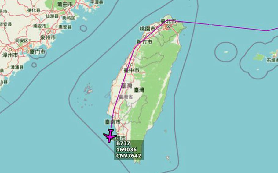 An image tweeted Tuesday by Golf9 purports to show the flight path of a U.S. C-40A Clipper aircraft around Taiwan on Tuesday, June 9, 2020.