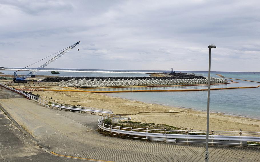 Landfill work for a Marine Corps runway at Camp Schwab, Okinawa, is seen on Jan. 19, 2019.