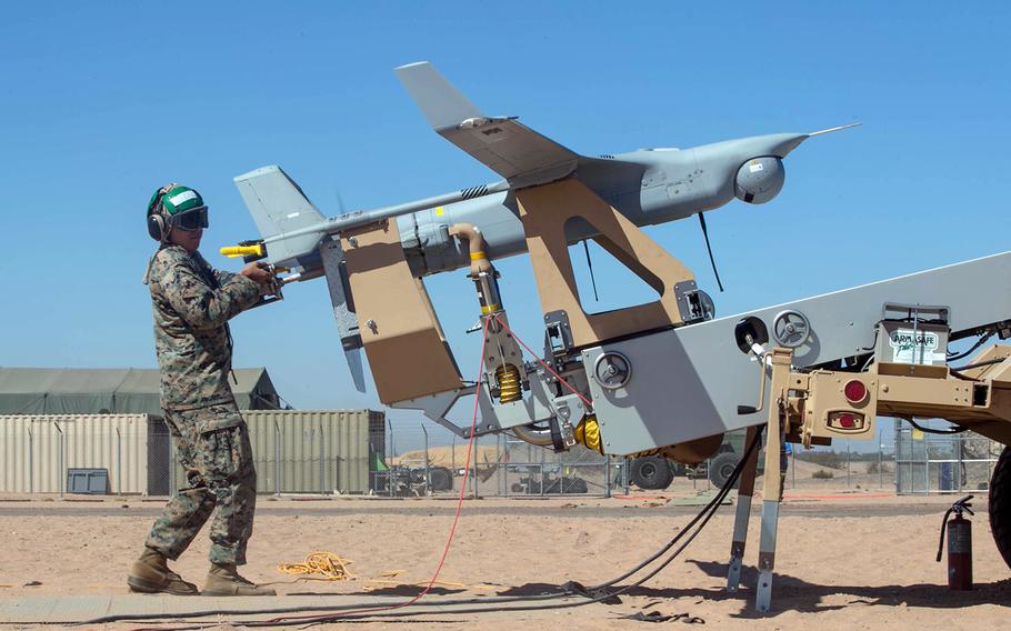 Marines prepare to launch an RQ-21 Blackjack drone in Yuma, Ariz., on Oct. 13, 2017.