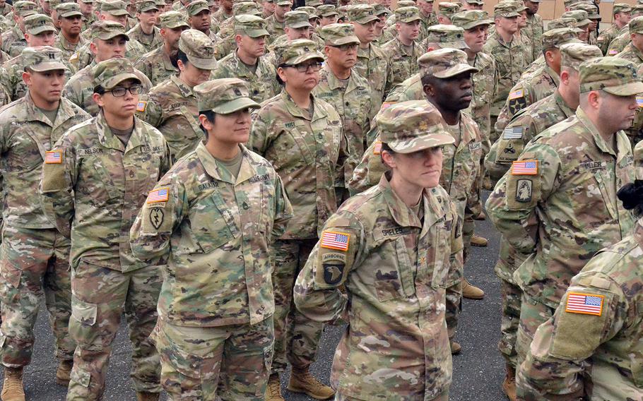 U.S. soldiers stand in formation during a ceremony to kick off the Yama Sakura exercise at Camp Asaka, Tokyo, Dec. 9, 2019.