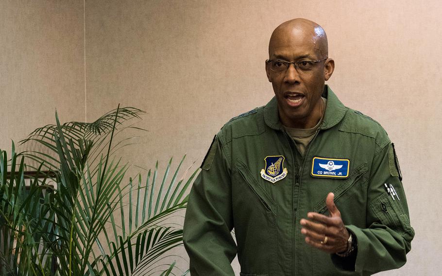 Gen. Charles Brown Jr., Pacific Air Forces commander, speaks during a virtual change-of-command ceremony at Joint Base Pearl Harbor-Hickam, Hawaii, June 11, 2020.
