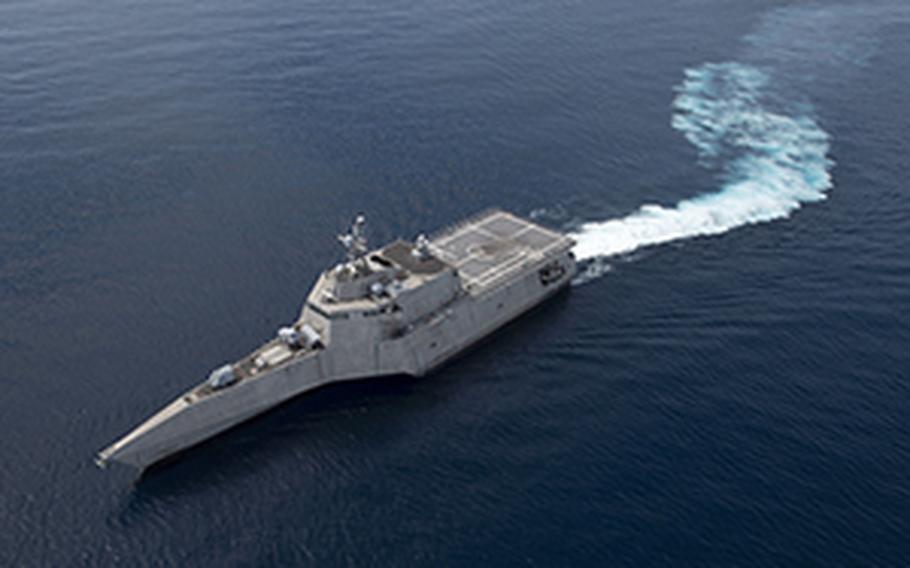 The littoral combat ship USS Gabrielle Giffords steams through the South China Sea, June 16, 2020.