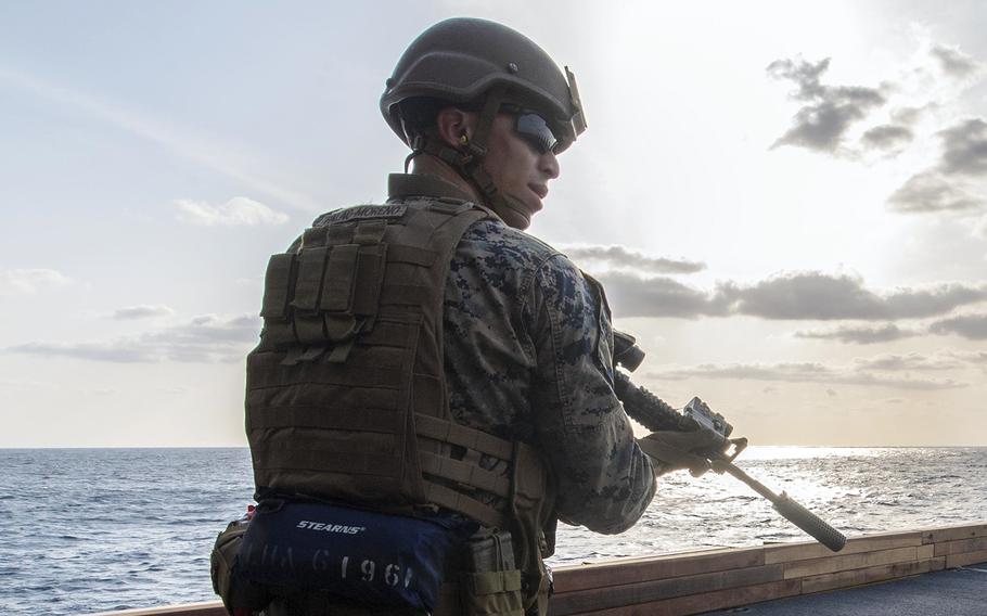 Lance Cpl. Aaron Palao-Moreno of the 31st Marine Expeditionary Unit trains aboard the amphibious assault ship USS America in the Philippine Sea, April 3, 2020.