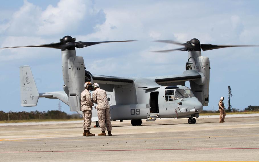 An MV-22B Osprey assigned arrives at Marine Corps Air Station Futenma, Okinawa, Oct 1, 2012.